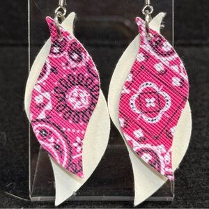 Pink and White Bandana Faux Leather Earrings